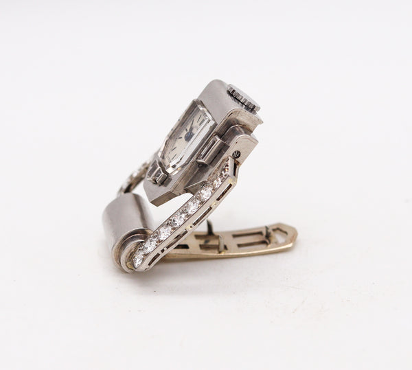 -Van Cleef & Arpels 1925 Paris Lapel Clip Watch In Platinum With 2.17 Ctw In Diamonds