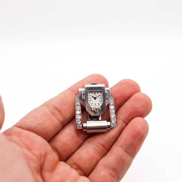 -Van Cleef & Arpels 1925 Paris Lapel Clip Watch In Platinum With 2.17 Ctw In Diamonds