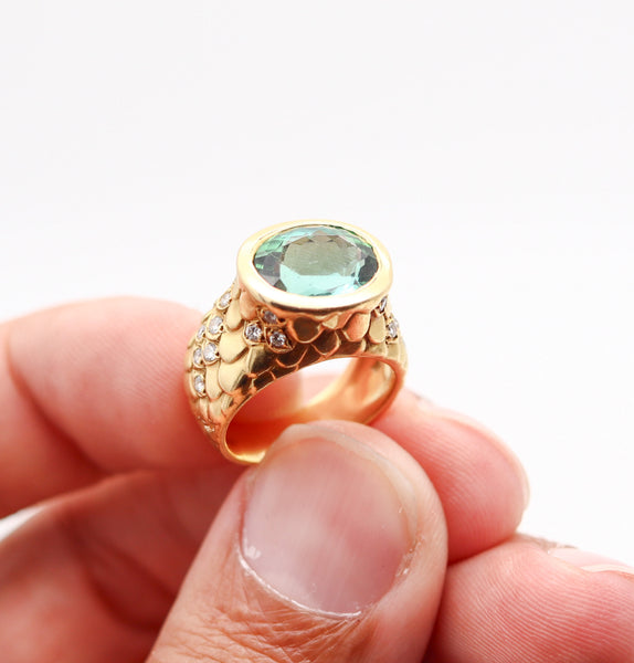 ANGELA CUMMINGS Modernist Cocktail Ring In 18Kt Gold Diamonds & Tourmaline