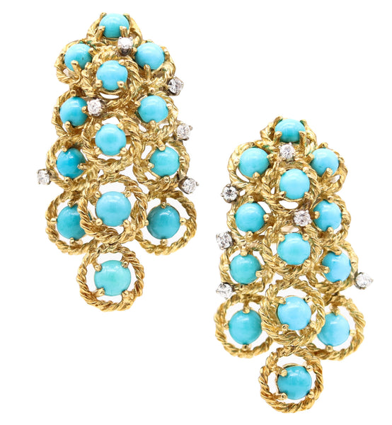 MODERNIST 1960 Cascade Dangle Earrings In 18Kt Gold With Turquoises & Diamonds