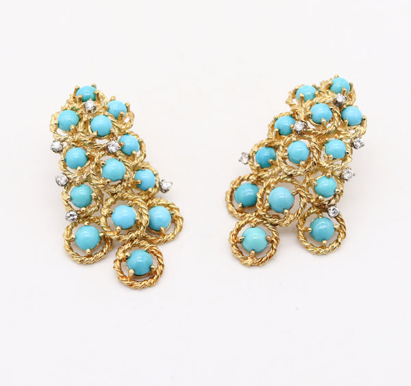 MODERNIST 1960 Cascade Dangle Earrings In 18Kt Gold With Turquoises & Diamonds