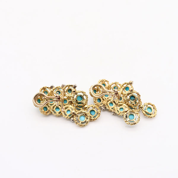 MODERNIST 1960 Cascade Dangle Earrings In 18Kt Gold With Turquoises & Diamonds