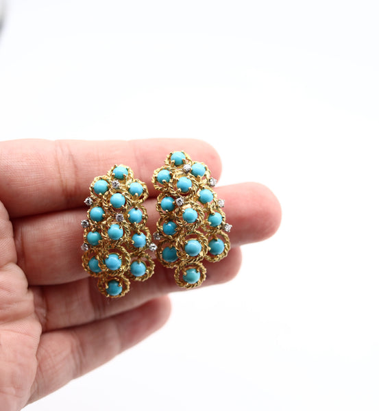 MODERNIST 1960 Cascade Dangle Earrings In 18Kt Gold With Turquoises & Diamonds