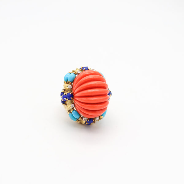 ITALIAN 1960 Cluster Cocktail Ring In 14Kt With Coral Lapis Turquoises & Diamonds