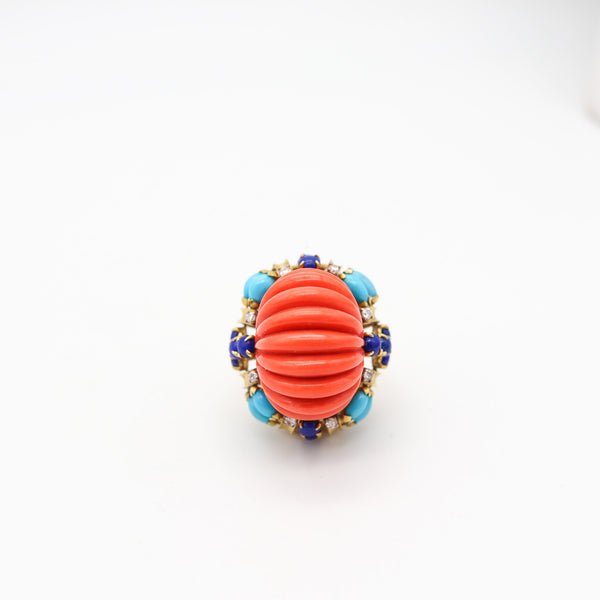 ITALIAN 1960 Cluster Cocktail Ring In 14Kt With Coral Lapis Turquoises & Diamonds