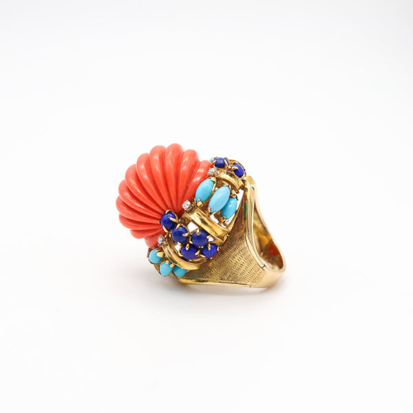 ITALIAN 1960 Cluster Cocktail Ring In 14Kt With Coral Lapis Turquoises & Diamonds