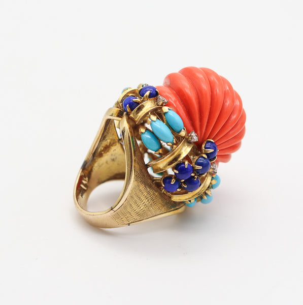 ITALIAN 1960 Cluster Cocktail Ring In 14Kt With Coral Lapis Turquoises & Diamonds