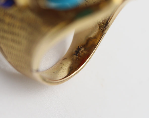 ITALIAN 1960 Cluster Cocktail Ring In 14Kt With Coral Lapis Turquoises & Diamonds