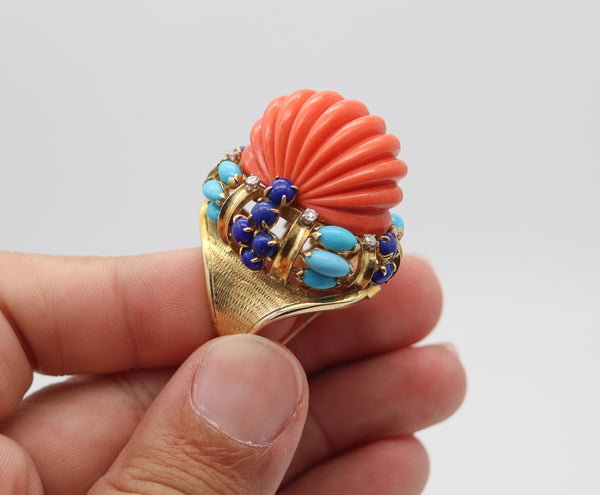 ITALIAN 1960 Cluster Cocktail Ring In 14Kt With Coral Lapis Turquoises & Diamonds