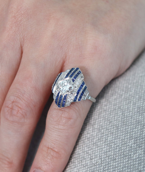 -Art Deco 1930 Geometric Ring In Platinum With 3.67 Ctw In Diamonds And Sapphires