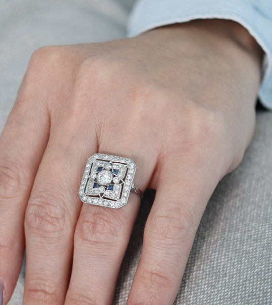 -Art Deco 1935 Square Ring In Platinum With 1.89 Ctw In Diamonds And Sapphires