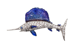 ART-DECO 1930 Blue Marlin Fish Brooch In Enameled Platinum With VS Diamonds