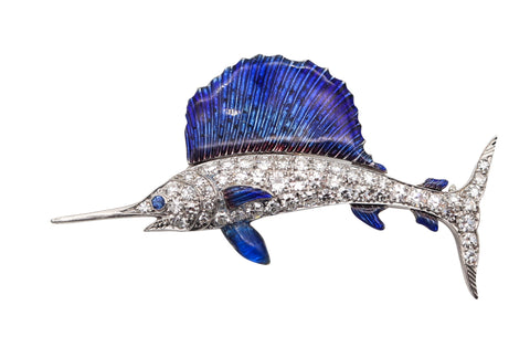 ART-DECO 1930 Blue Marlin Fish Brooch In Enameled Platinum With VS Diamonds
