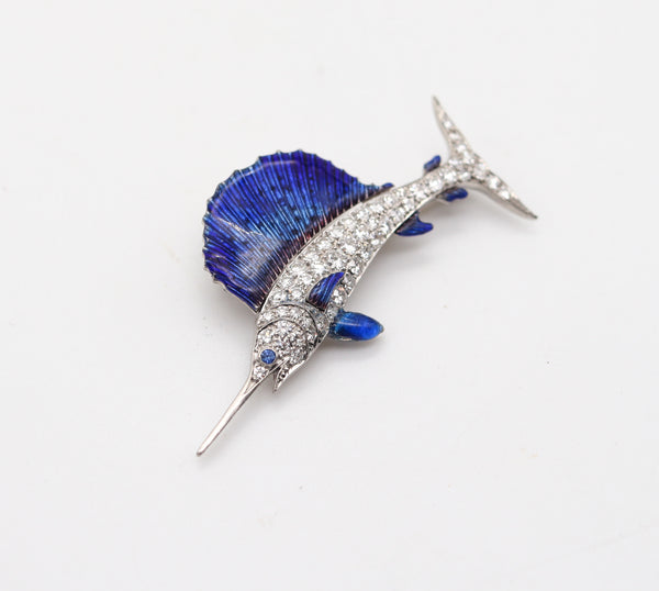 ART-DECO 1930 Blue Marlin Fish Brooch In Enameled Platinum With VS Diamonds