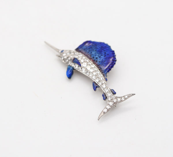 ART-DECO 1930 Blue Marlin Fish Brooch In Enameled Platinum With VS Diamonds