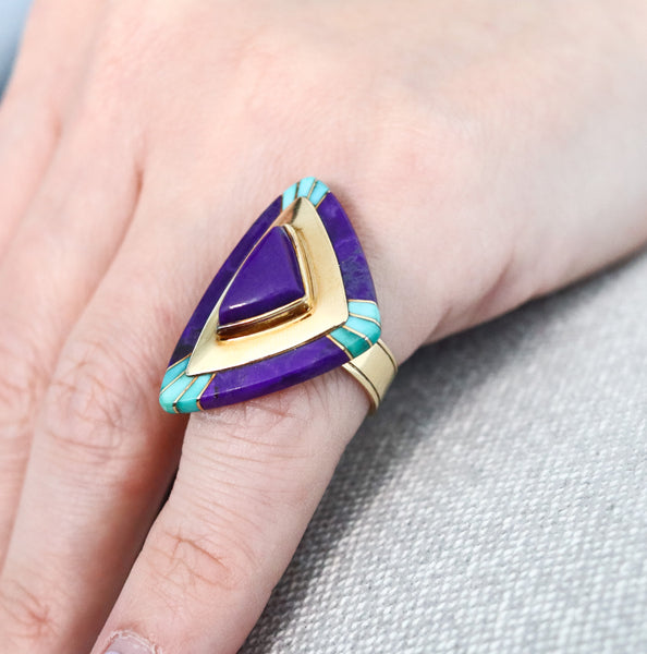 Lauri Hakola Native American Cocktail Ring In 14Kt Gold With Turquoise And Sugilite