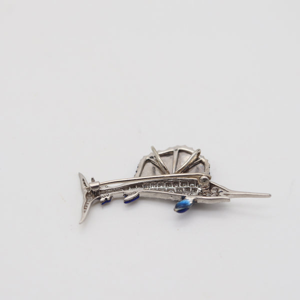 ART-DECO 1930 Blue Marlin Fish Brooch In Enameled Platinum With VS Diamonds