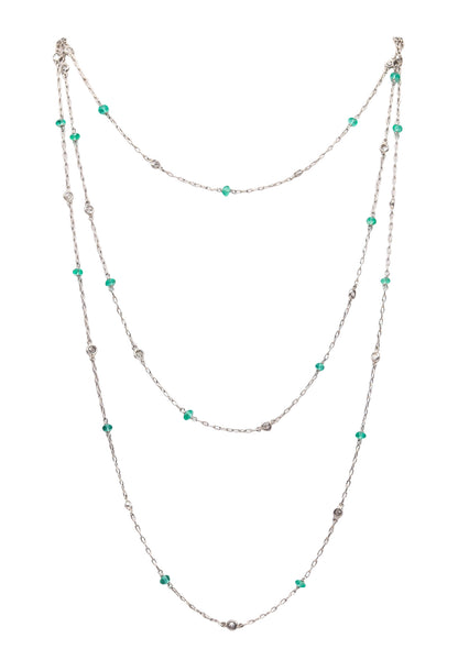 ART DECO 1935 Stations Necklace Sautoir In Platinum Diamonds & Emeralds
