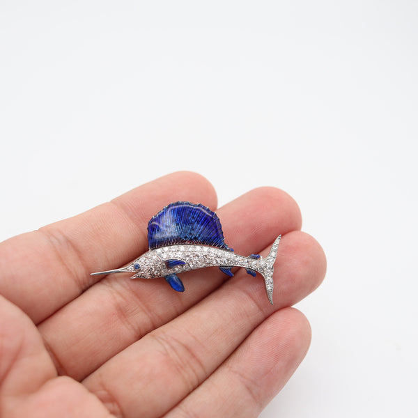 ART-DECO 1930 Blue Marlin Fish Brooch In Enameled Platinum With VS Diamonds