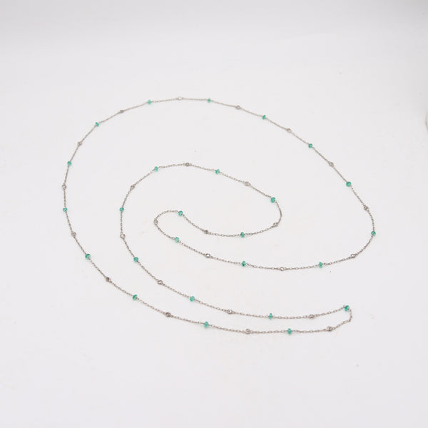 ART DECO 1935 Stations Necklace Sautoir In Platinum Diamonds & Emeralds