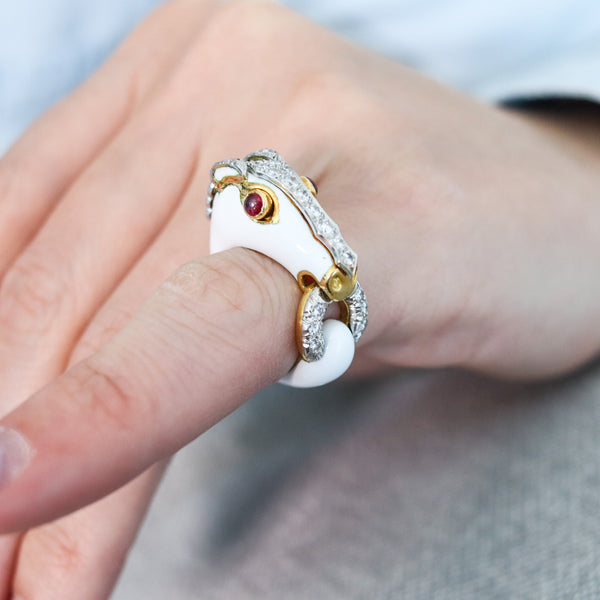 -David Webb Enameled Horse Ring In 18Kt Gold And Platinum With Diamonds And Rubies