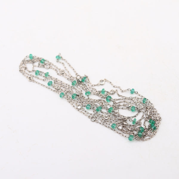 ART DECO 1935 Stations Necklace Sautoir In Platinum Diamonds & Emeralds