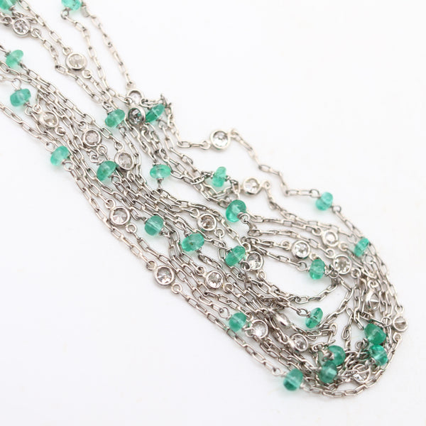 ART DECO 1935 Stations Necklace Sautoir In Platinum Diamonds & Emeralds