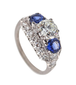 ART DECO 1925 Three-Gemstones Platinum Ring With 3.89 Ctw Diamonds & Sapphires