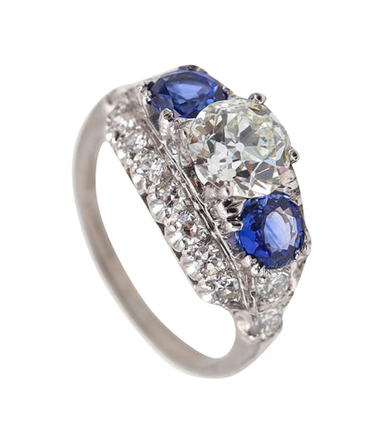 ART DECO 1925 Three-Gemstones Platinum Ring With 3.89 Ctw Diamonds & Sapphires