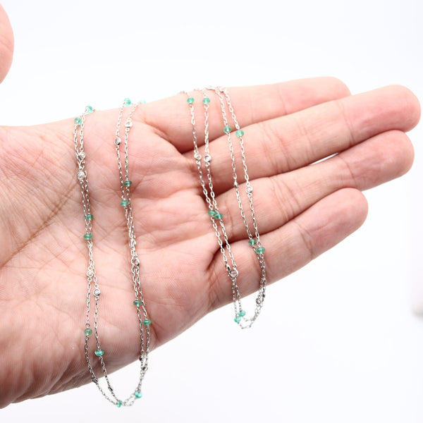 ART DECO 1935 Stations Necklace Sautoir In Platinum Diamonds & Emeralds