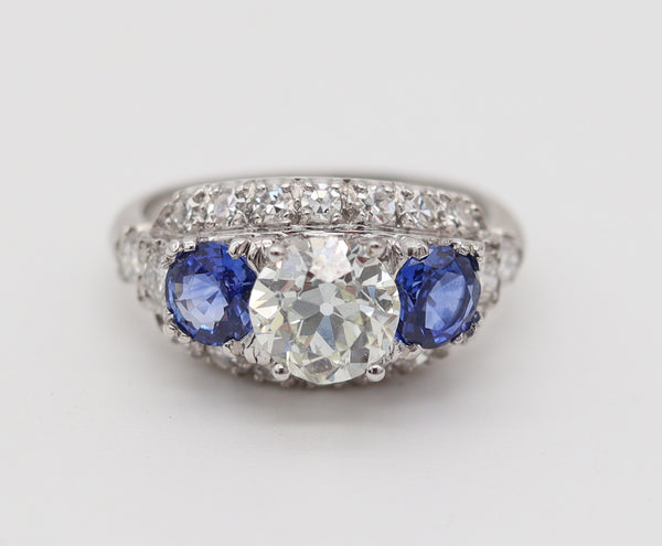 ART DECO 1925 Three-Gemstones Platinum Ring With 3.89 Ctw Diamonds & Sapphires