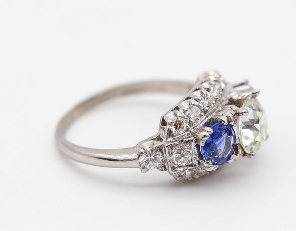 ART DECO 1925 Three-Gemstones Platinum Ring With 3.89 Ctw Diamonds & Sapphires