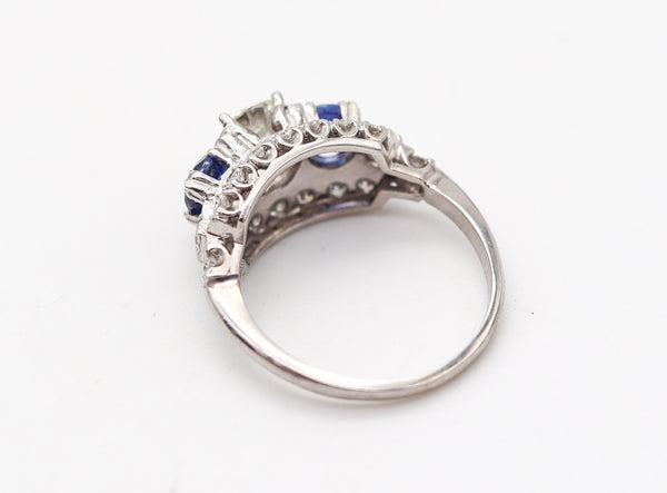 ART DECO 1925 Three-Gemstones Platinum Ring With 3.89 Ctw Diamonds & Sapphires