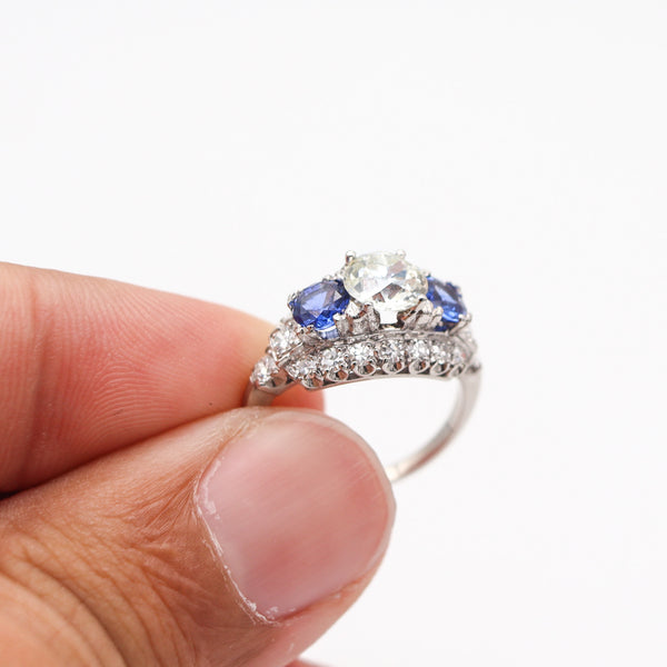 ART DECO 1925 Three-Gemstones Platinum Ring With 3.89 Ctw Diamonds & Sapphires