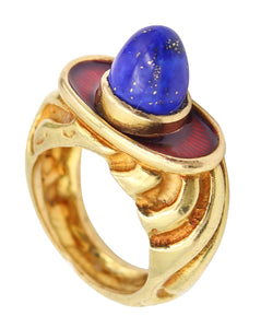 ELIZABETH GAGE England Sculptural Enameled Ring In 18Kt Gold With Lapis Lazuli