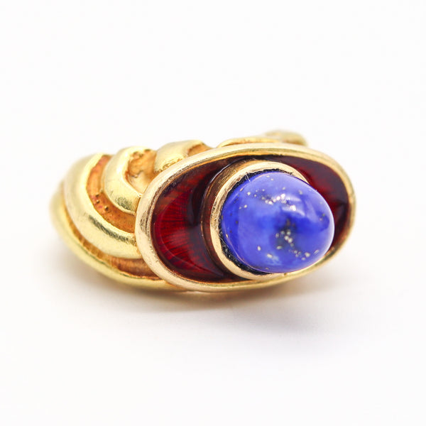 ELIZABETH GAGE England Sculptural Enameled Ring In 18Kt Gold With Lapis Lazuli