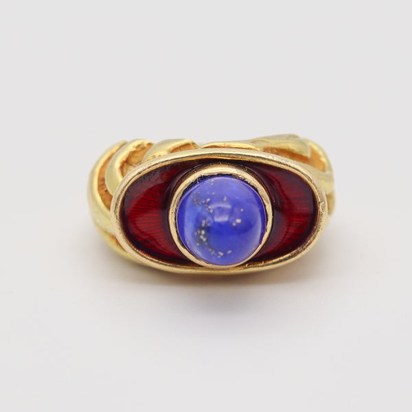 ELIZABETH GAGE England Sculptural Enameled Ring In 18Kt Gold With Lapis Lazuli