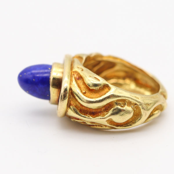 ELIZABETH GAGE England Sculptural Enameled Ring In 18Kt Gold With Lapis Lazuli