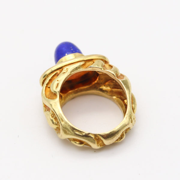 ELIZABETH GAGE England Sculptural Enameled Ring In 18Kt Gold With Lapis Lazuli