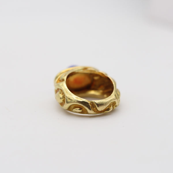 ELIZABETH GAGE England Sculptural Enameled Ring In 18Kt Gold With Lapis Lazuli