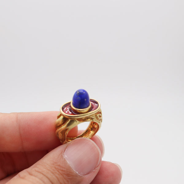 ELIZABETH GAGE England Sculptural Enameled Ring In 18Kt Gold With Lapis Lazuli