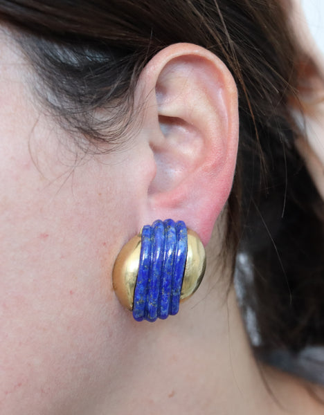 -Cartier 1970 Clips On Earrings I 18Kt Yellow Gold With Fluted Lapis Lazuli