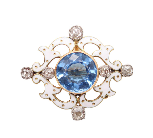 EDWARDIAN 1900 Enameled Pendant Brooch In 18Kt Platinum Diamonds & Aquamarine
