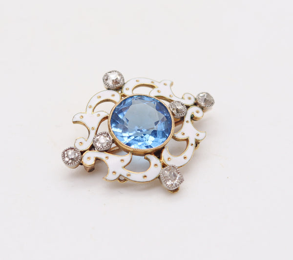 EDWARDIAN 1900 Enameled Pendant Brooch In 18Kt Platinum Diamonds & Aquamarine