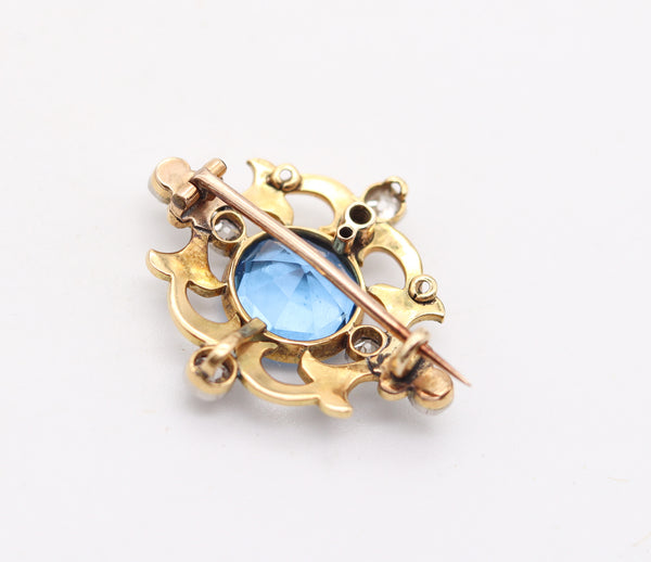EDWARDIAN 1900 Enameled Pendant Brooch In 18Kt Platinum Diamonds & Aquamarine