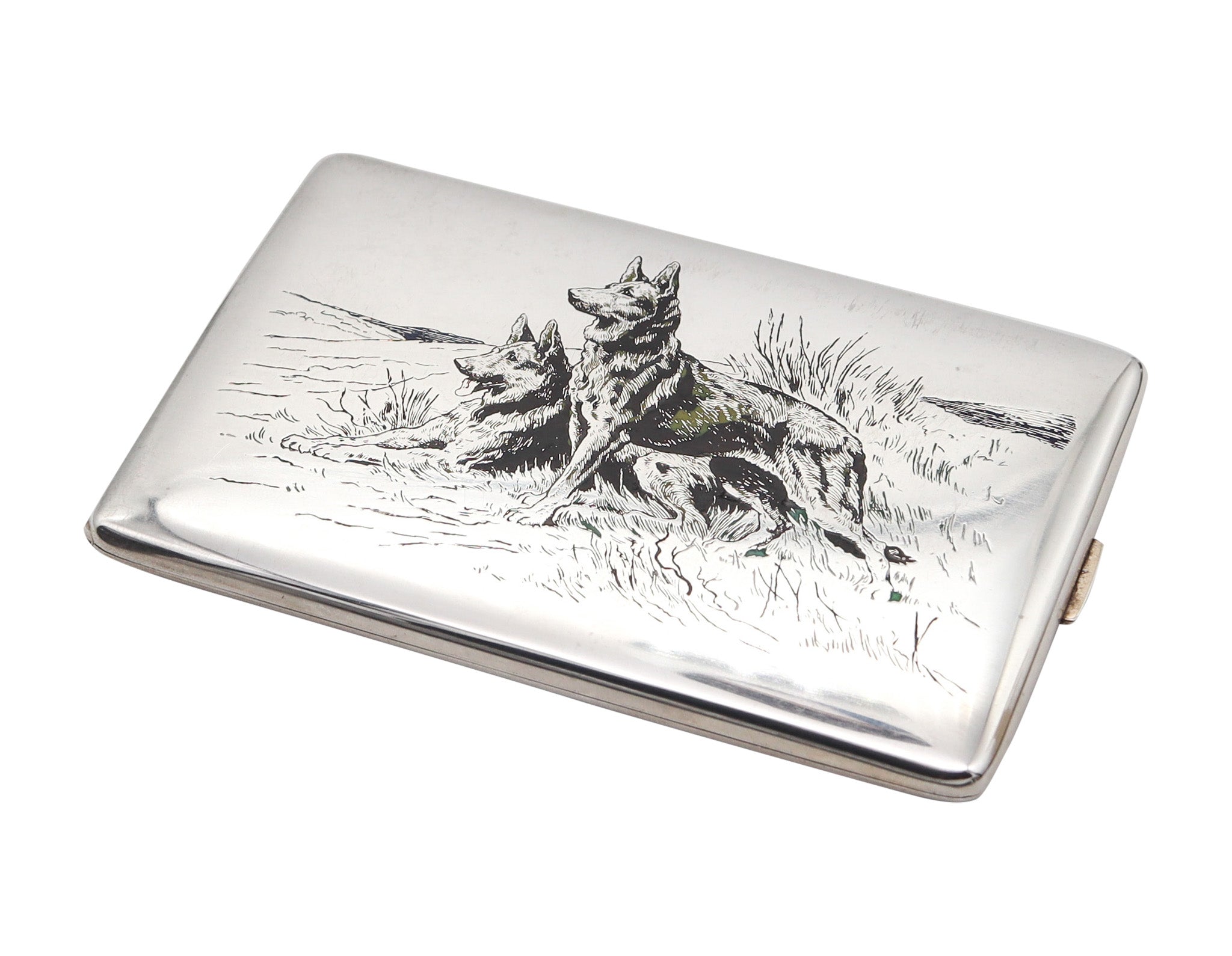 CLARK 1926 Art Deco Enameled Dogs Cigarette Case In .925 Sterling Silver