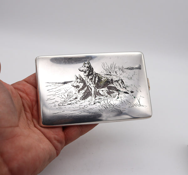 CLARK 1926 Art Deco Enameled Dogs Cigarette Case In .925 Sterling Silver