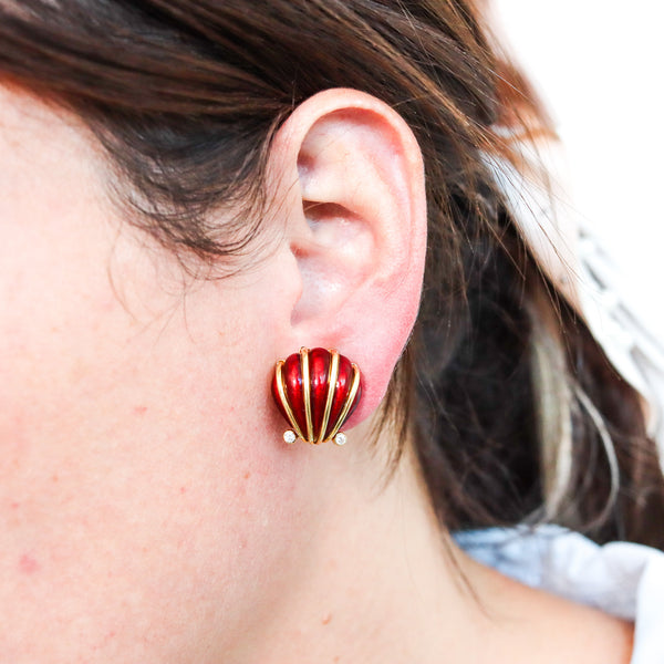 -Tiffany & Co. 1970 Schlumberger Enameled Earrings In 18Kt Gold With Diamonds