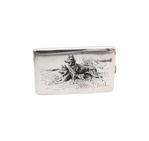 CLARK 1926 Art Deco Enameled Dogs Cigarette Case In .925 Sterling Silver