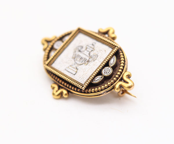 ETRUSCAN REVIVAL 1870 Roman Amphora Micro-Mosaic Brooch In 18Kt Yellow Gold